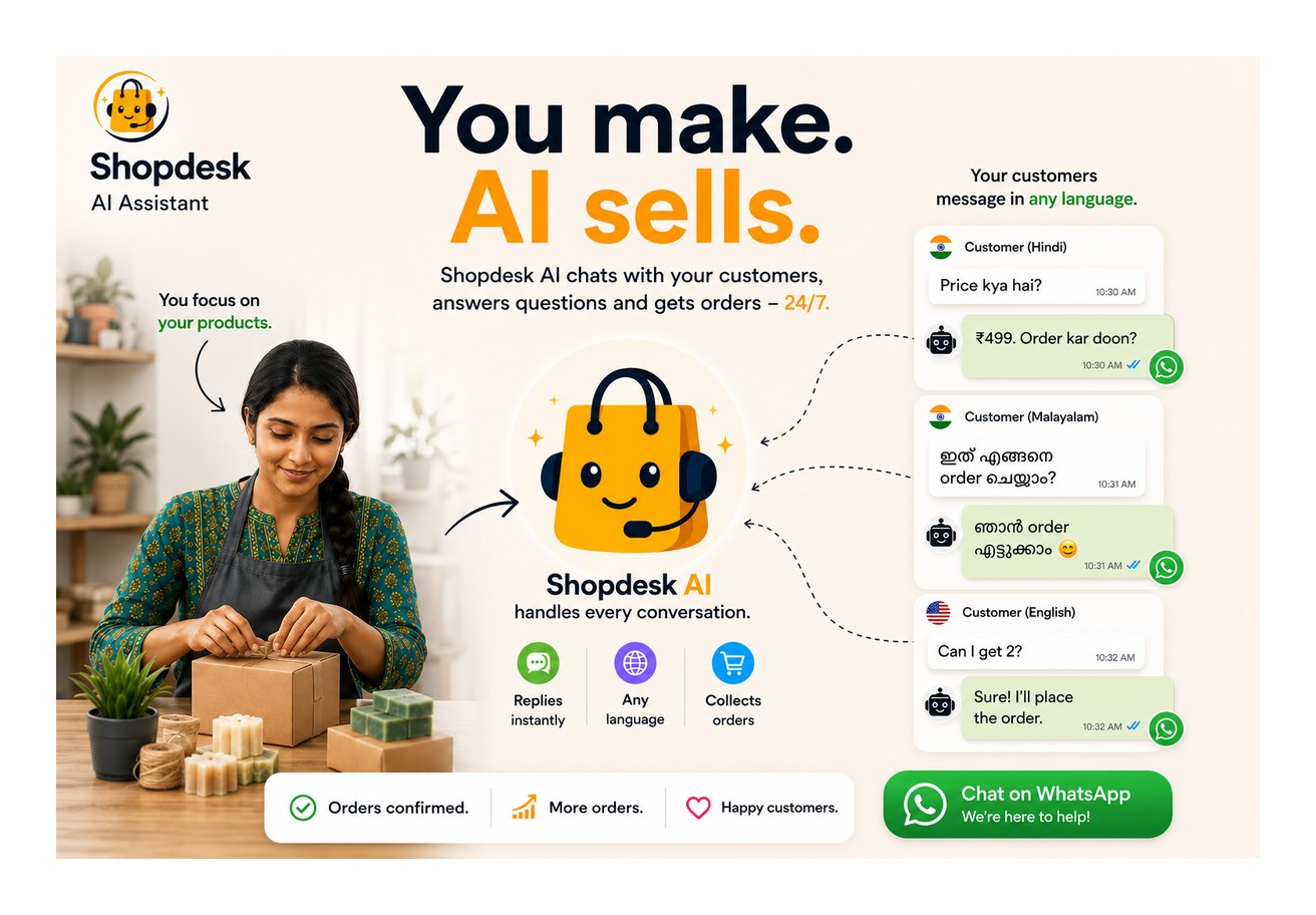 Shopdesk AI Assistant - an AI salesperson that chats with customers on WhatsApp in any language, answers questions and collects orders